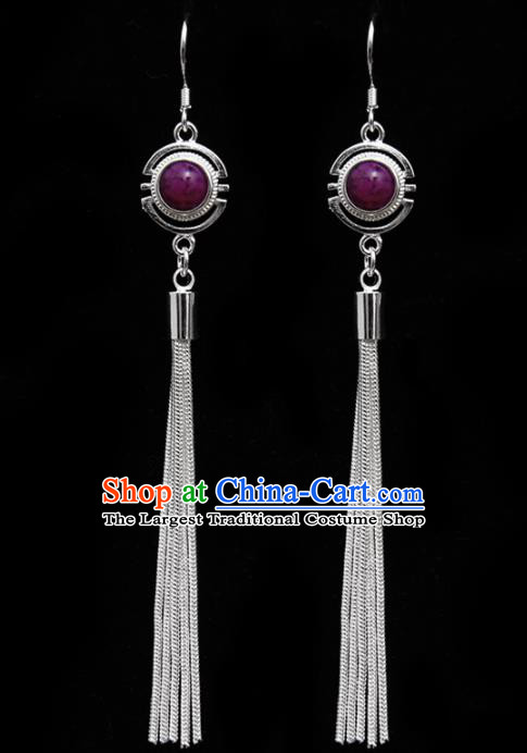 Chinese Traditional Ethnic Tassel Eardrop Jewelry Accessories Mongolian Purple Earrings for Women