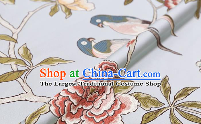 Asian Chinese Blue Brocade Fabric Traditional Flowers Birds Pattern Design Satin Cushion Silk Fabric Material