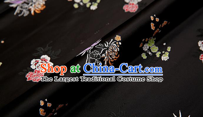 Asian Chinese Black Brocade Fabric Traditional Plum Blossom Orchid Bamboo Chrysanthemum Pattern Design Satin Pillow Silk Fabric Material