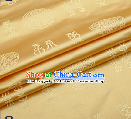 Chinese Traditional Golden Brocade Drapery Classical Fu Character Pattern Design Satin Tang Suit Silk Fabric Material