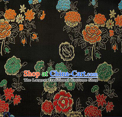 Traditional Chinese Brocade Drapery Classical Peony Pattern Design Black Satin Qipao Silk Fabric Material