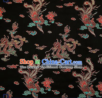Traditional Chinese Classical Black Satin Brocade Drapery Dragon Phoenix Pattern Design Qipao Dress Silk Fabric Material