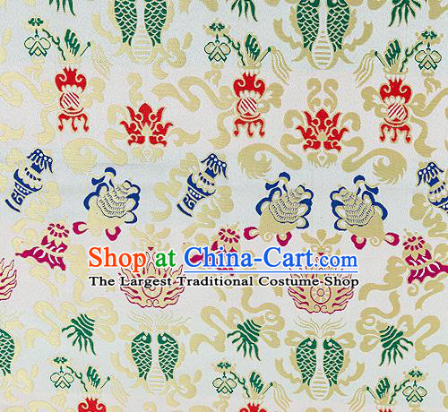 Traditional Chinese White Nanjing Brocade Drapery Classical Fishes Pattern Design Satin Qipao Dress Silk Fabric Material