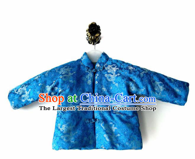 Chinese Classical Blue Brocade Blouse Traditional Baby Embroidered Cotton-Padded Jacket for Kids
