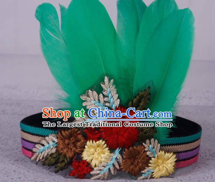 Halloween Catwalks Apache Knight Green Feather Hair Accessories Cosplay Primitive Tribe Feather Hat for Adults