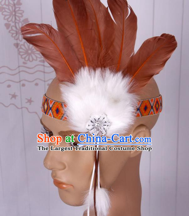 Halloween Catwalks Apache Chief Brown Feather Hair Accessories Cosplay Primitive Tribe Feather Hat for Adults