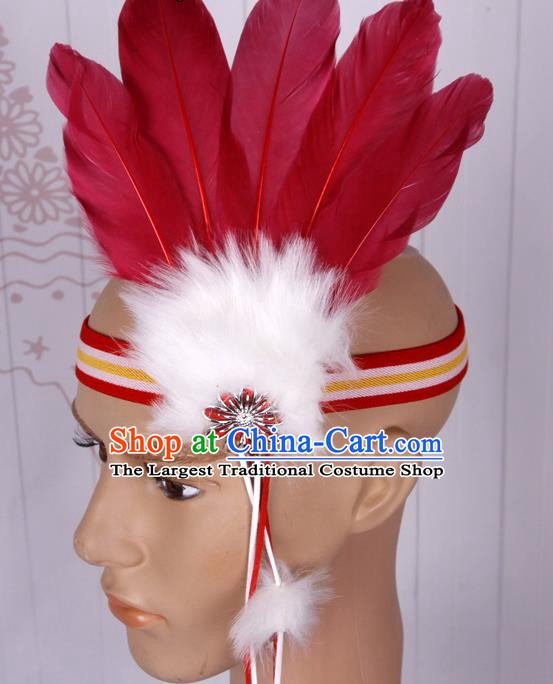 Halloween Catwalks Apache Chief Wine Red Feather Hair Accessories Cosplay Primitive Tribe Feather Hat for Adults