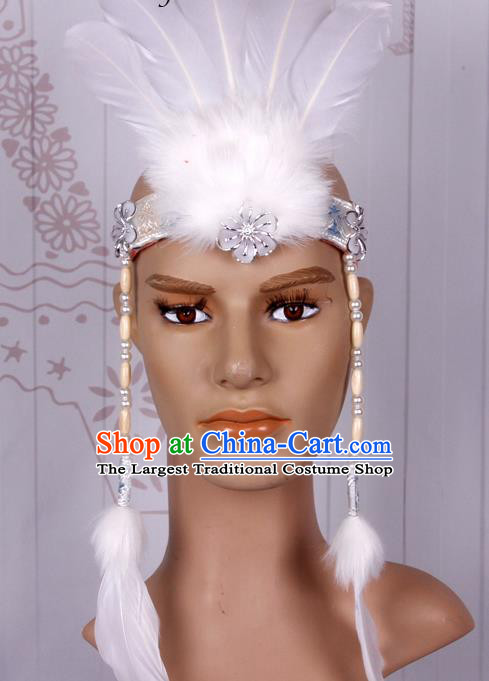 Halloween Catwalks Apache Chief White Feather Hair Accessories Cosplay Primitive Tribe Feather Hat for Adults