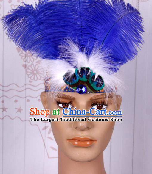 Halloween Catwalks Blue Feather Headdress Cosplay Apache Knight Feather Hair Clasp for Adults