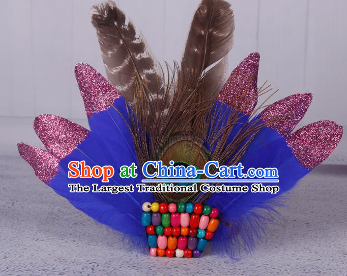 Halloween Catwalks Royalblue Feather Hair Accessories Cosplay Primitive Tribe Feather Hair Clasp for Kids