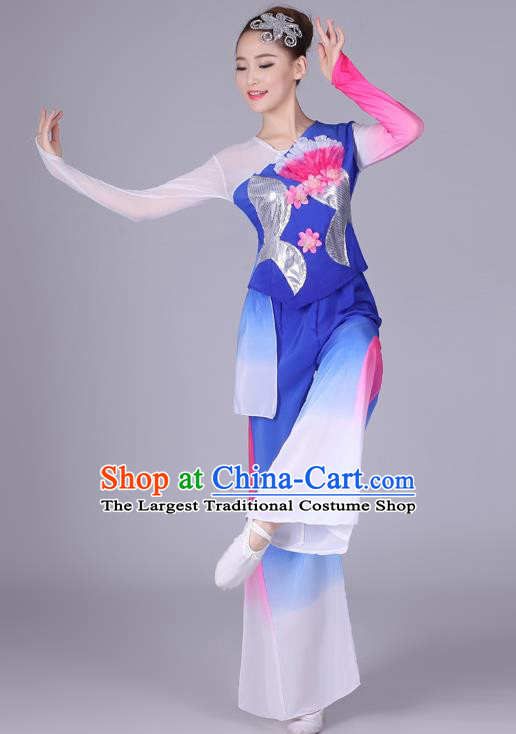 Chinese Traditional Classical Dance Costumes Folk Dance Yanko Fan Dance Royalblue Clothing for Women