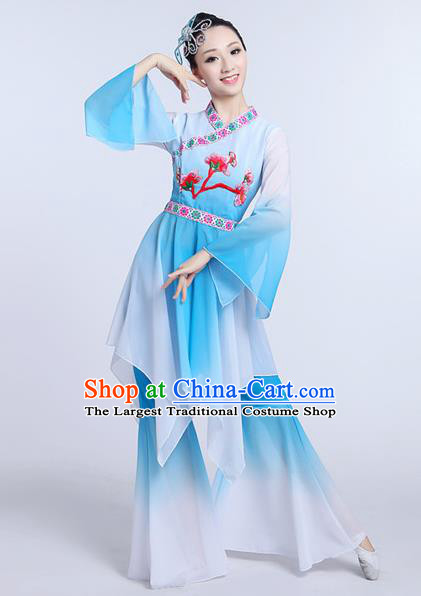 Chinese Traditional Classical Dance Costumes Folk Dance Yanko Fan Dance Blue Clothing for Women