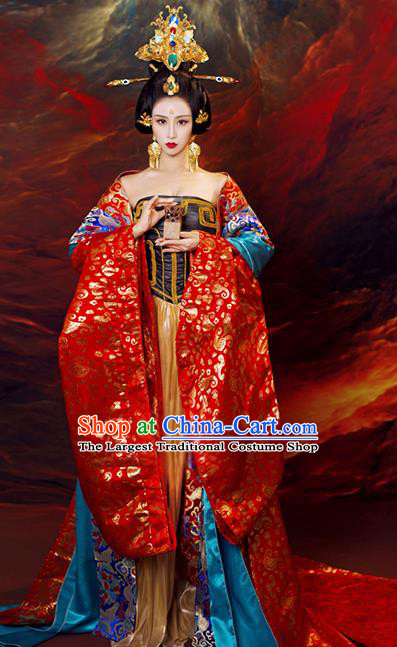 Chinese Ancient Cosplay Queen Replica Costumes Traditional Tang Dynasty Empress Hanfu Dress and Headpiece for Women