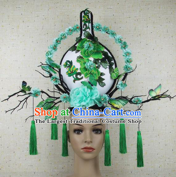 Handmade Halloween Green Peony Vase Hair Accessories Chinese Stage Performance Hair Clasp Headdress for Women