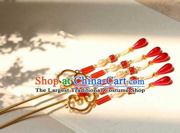 Chinese Traditional Handmade Hair Clip Hair Accessories Ancient Red Agate Tassel Hairpins for Women