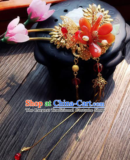 Chinese Handmade Ancient Red Flower Hair Clip Palace Hair Accessories Hanfu Hairpins for Women