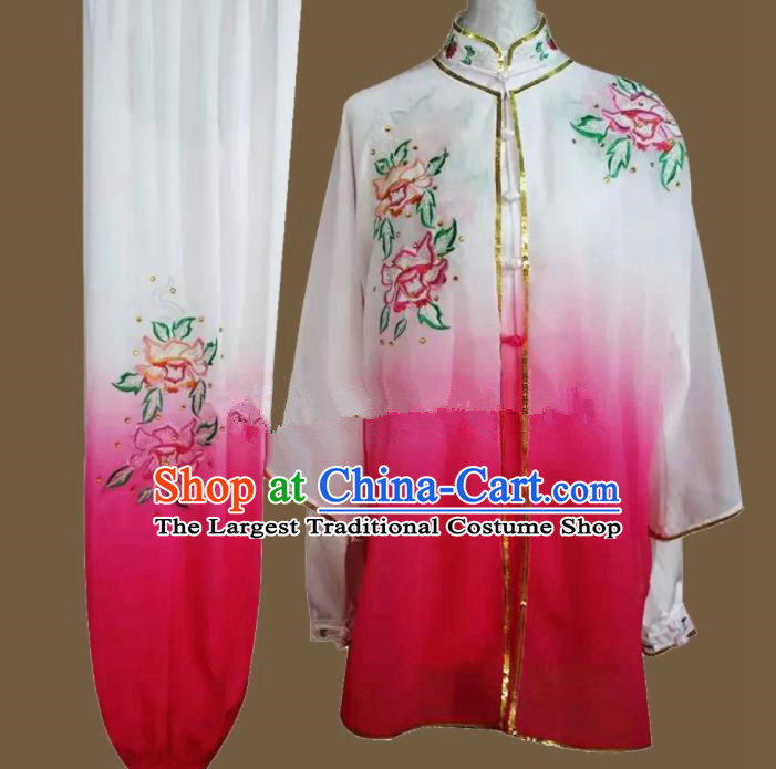 Chinese Traditional Kung Fu Martial Arts Embroidered Peony Rosy Costumes Tai Chi Training Clothing for Women