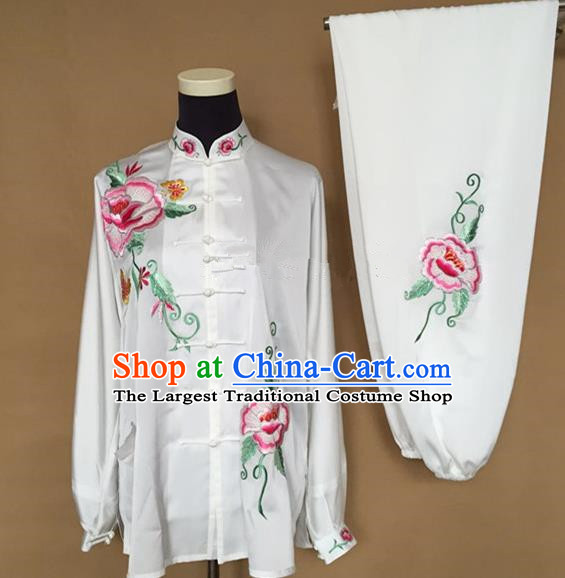 Chinese Traditional Kung Fu Martial Arts Embroidered Peony White Costumes Tai Chi Training Clothing for Women