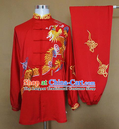Chinese Traditional Martial Arts Red Costumes Tai Chi Kung Fu Training Embroidered Dragon Clothing for Adults