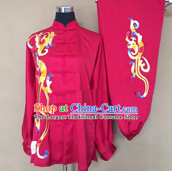 Chinese Traditional Kung Fu Embroidered Rosy Silk Costumes Martial Arts Tai Chi Training Clothing for Women