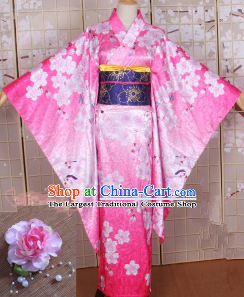 Asian Japanese Traditional Cosplay Costumes Ancient Yokime Pink Furisode Kimono Yukata Clothing for Women