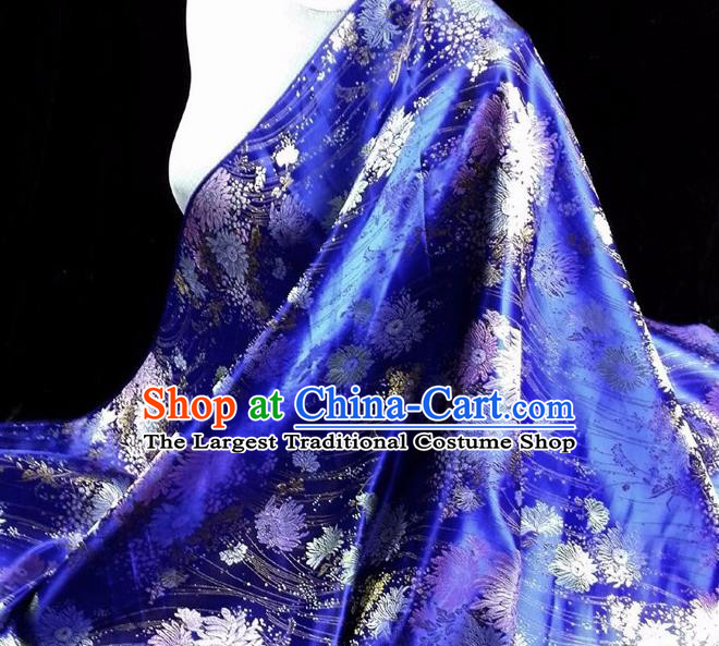 Asian Chinese Traditional Tang Suit Fabric Royalblue Brocade Silk Material Classical Chrysanthemum Pattern Design Drapery