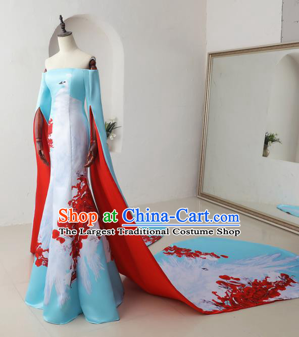 Chinese Classical Catwalks Costumes Traditional Printing Crane Cheongsam Trailing Full Dress for Women