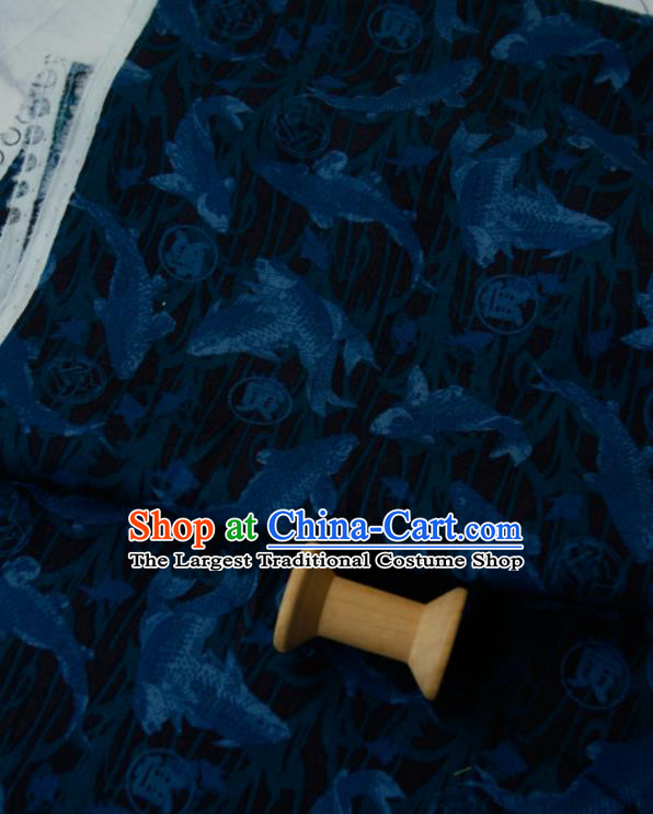 Asian Japanese Traditional Kimono Fabric Brocade Silk Material Classical Blue Fishes Pattern Design Drapery