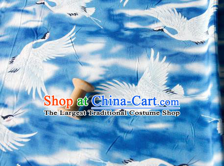 Asian Japanese Traditional Kimono Blue Brocade Fabric Silk Material Classical Cranes Pattern Design Drapery
