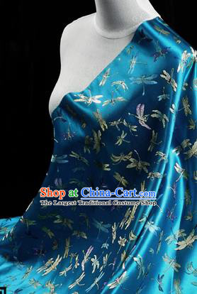 Asian Chinese Traditional Tang Suit Fabric Blue Brocade Silk Material Classical Dragonfly Pattern Design Drapery