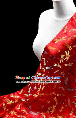 Asian Chinese Traditional Tang Suit Fabric Red Brocade Silk Material Classical Dragonfly Pattern Design Drapery
