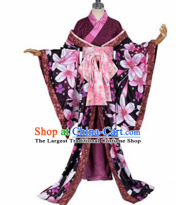 Japanese Traditional Courtesan Purple Furisode Kimono Costumes Ancient Cosplay Geisha Yukata Clothing for Women