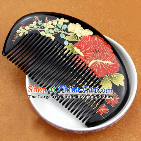 Japanese Traditional Courtesan Kimono Peony Black Hair Comb Ancient Geisha Hair Accessories for Women