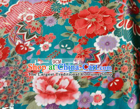 Asian Japanese Traditional Kimono Green Brocade Fabric Silk Material Classical Peony Pattern Design Drapery