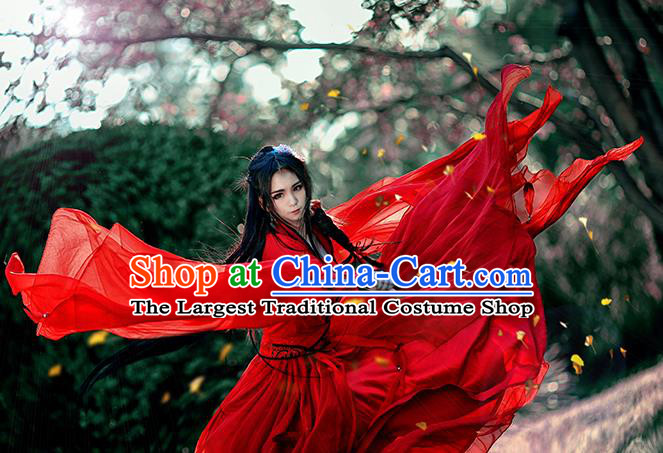 Chinese Traditional Ancient Swordswoman Embroidered Costumes Cosplay Female Assassin Red Hanfu Dress for Women