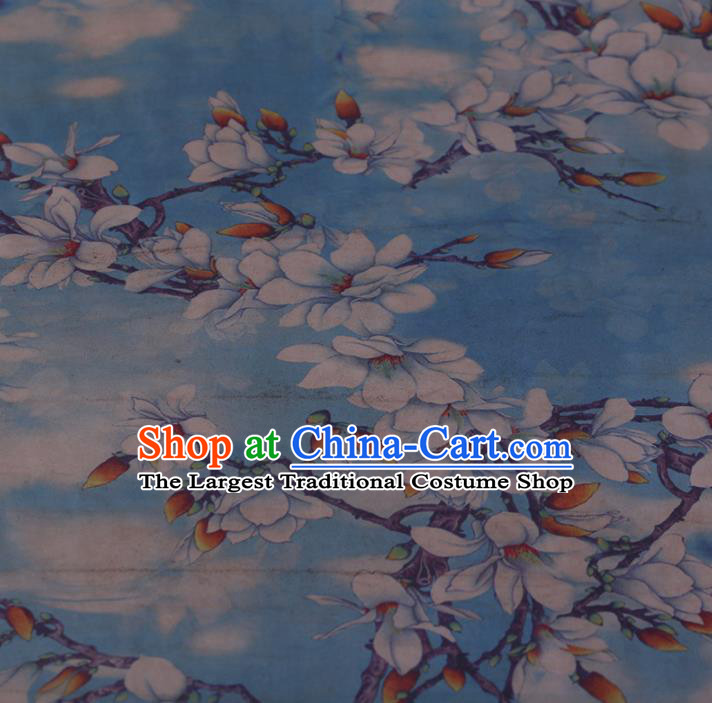 Chinese Blue Crepe Satin Plain Palace Mangnolia Pattern Traditional Cheongsam Silk Fabric Chinese Fabric Asian Material
