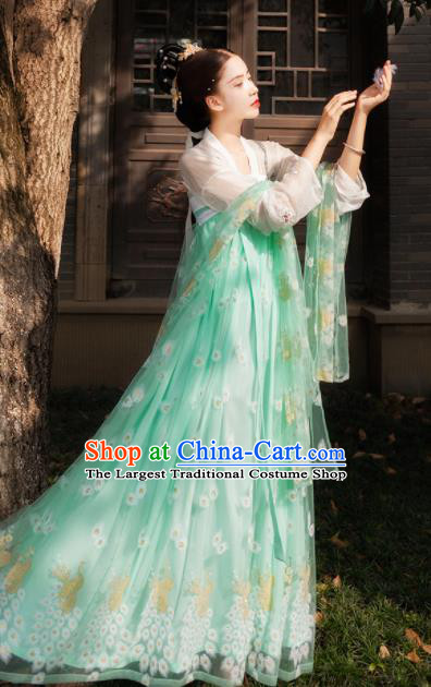 Chinese Tang Dynasty Royal Embroidered Costumes Ancient Imperial Consort Green Hanfu Dress for Women