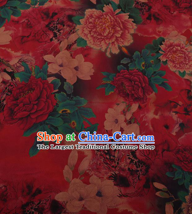 Chinese Traditional Cheongsam Silk Fabric Palace Peony Flowers Pattern Red Satin Plain Gambiered Guangdong Gauze