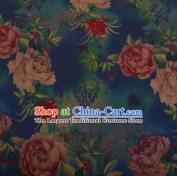 Chinese Traditional Cheongsam Silk Fabric Palace Peony Pattern Blue Satin Plain Gambiered Guangdong Gauze
