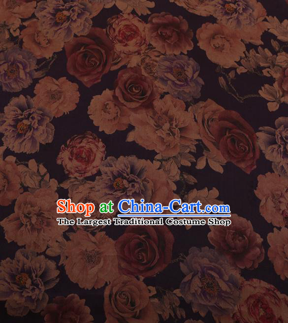 Chinese Traditional Cheongsam Purple Silk Fabric Palace Roses Pattern Jacquard Satin Plain Gambiered Guangdong Gauze