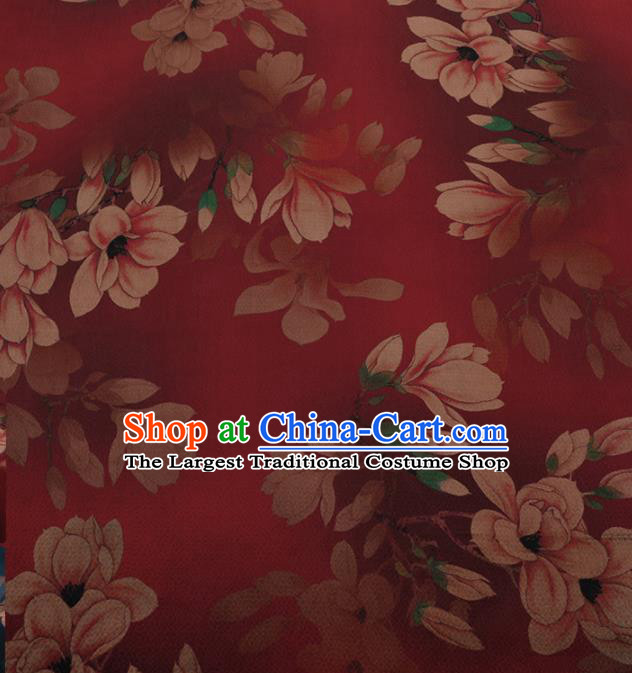 Chinese Traditional Cheongsam Red Silk Fabric Palace Magnolia Pattern Jacquard Satin Plain Gambiered Guangdong Gauze