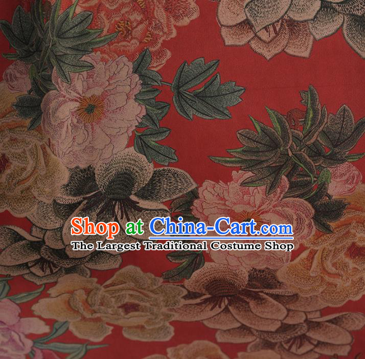Chinese Classical Red Satin Plain Cheongsam Drapery Silk Fabric Traditional Peony Pattern Gambiered Guangdong Gauze