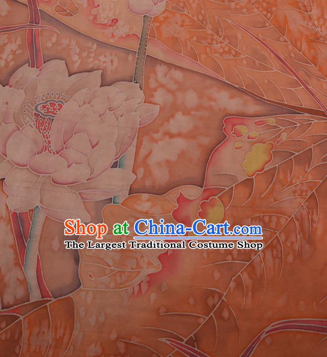 Chinese Classical Orange Satin Plain Cheongsam Drapery Silk Fabric Traditional Lotus Pattern Gambiered Guangdong Gauze