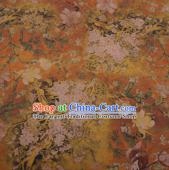 Chinese Classical Golden Satin Plain Cheongsam Drapery Silk Fabric Traditional Pear Flowers Pattern Gambiered Guangdong Gauze