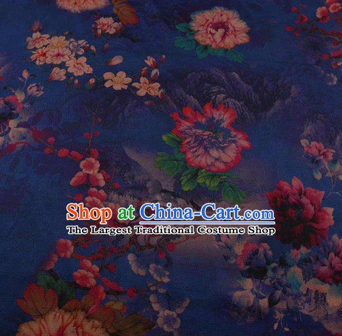 Chinese Classical Blue Satin Plain Traditional Peony Pattern Cheongsam Drapery Silk Fabric Gambiered Guangdong Gauze