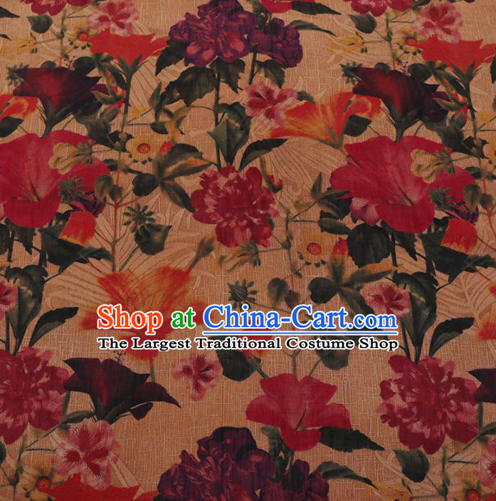Chinese Classical Yellow Satin Plain Traditional Flowers Pattern Cheongsam Drapery Silk Fabric Gambiered Guangdong Gauze