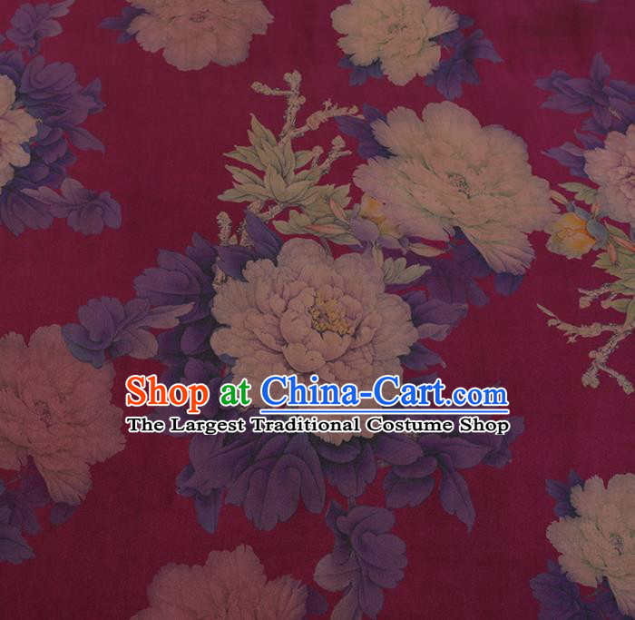 Chinese Classical Amaranth Satin Plain Traditional Peony Pattern Cheongsam Drapery Silk Fabric Gambiered Guangdong Gauze