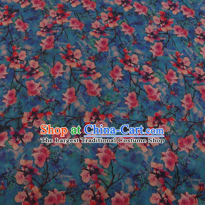 Chinese Classical Blue Satin Plain Traditional Peach Blossom Pattern Cheongsam Drapery Silk Fabric Gambiered Guangdong Gauze