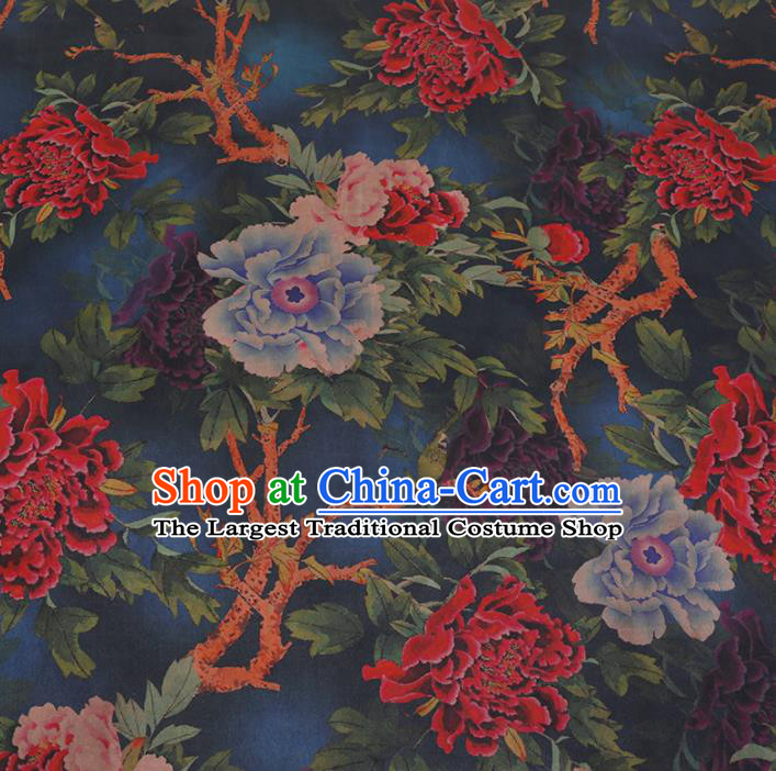 Chinese Classical Blue Satin Plain Traditional Peony Flowers Pattern Cheongsam Drapery Silk Fabric Gambiered Guangdong Gauze