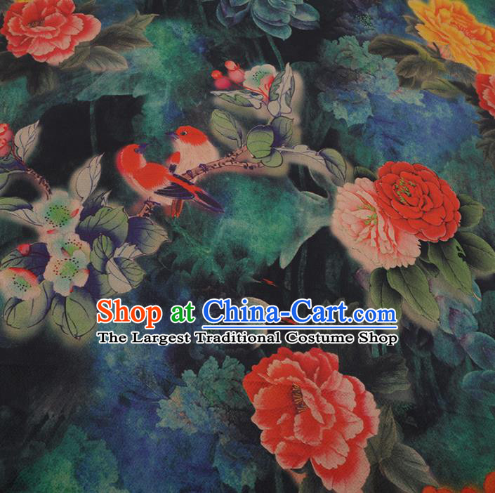 Chinese Traditional Cheongsam Drapery Blue Silk Fabric Palace Peony Birds Pattern Satin Plain Gambiered Guangdong Gauze